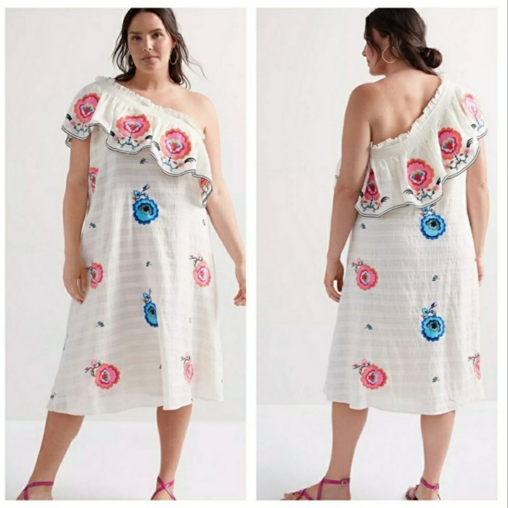 0322 NWT Anthropologie Plenty By Tracy Reese Embroidered One Shoulder Dress